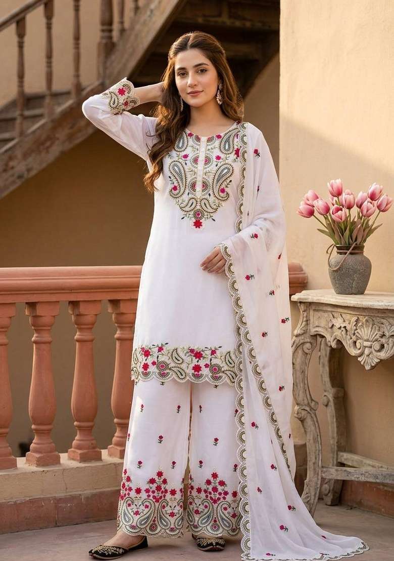 White Embroidery Silk Salwar Suit - Indya