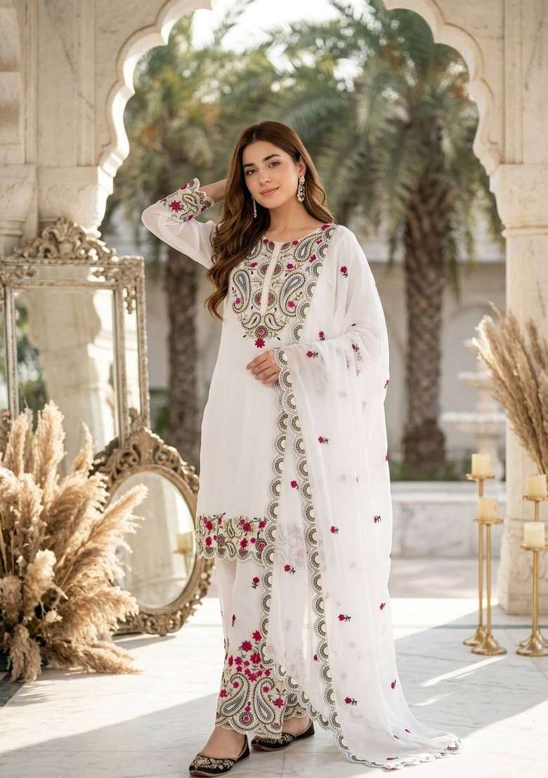 White Embroidery Silk Salwar Suit - Indya