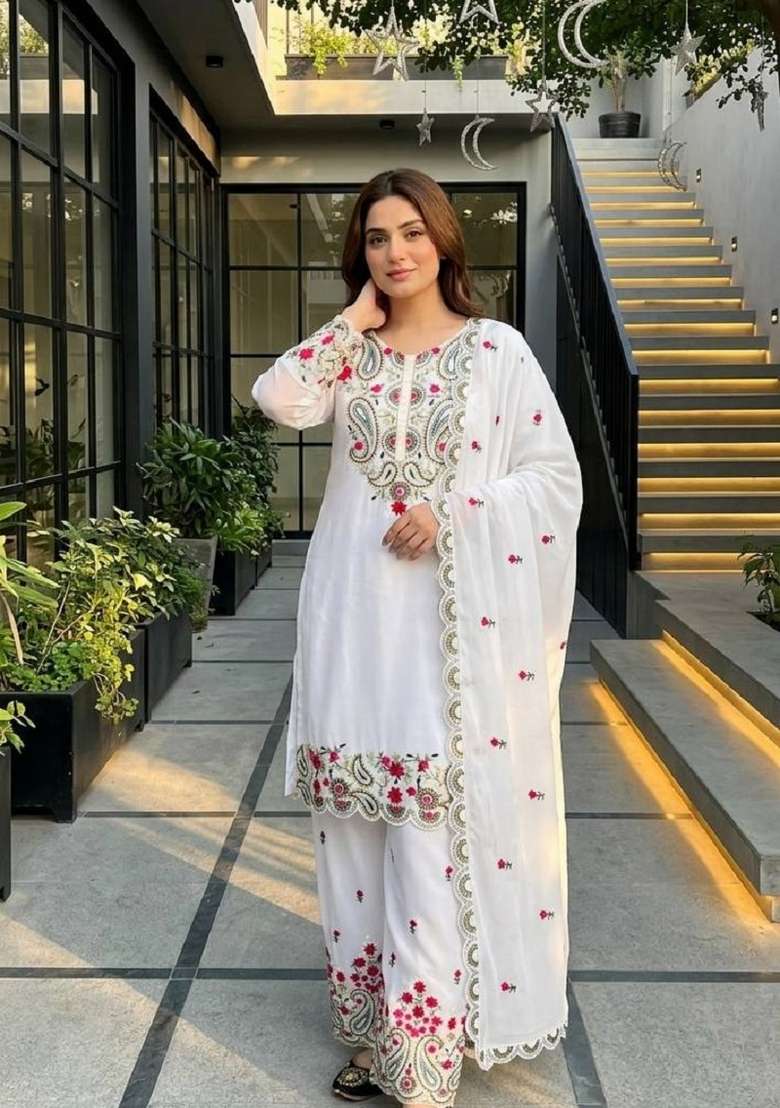 White Embroidery Silk Salwar Suit - Indya