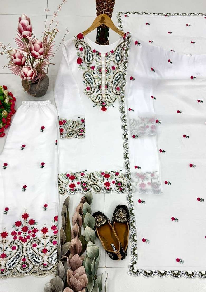 White Embroidery Silk Salwar Suit - Indya