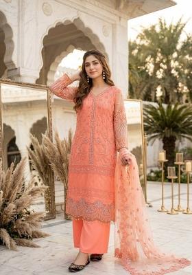 Orange Embroidery Net Sharara Set