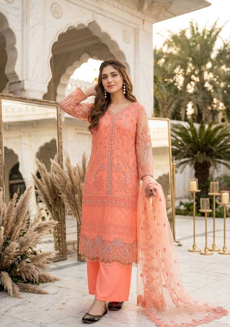 Orange Embroidery Net Sharara Set - Indya