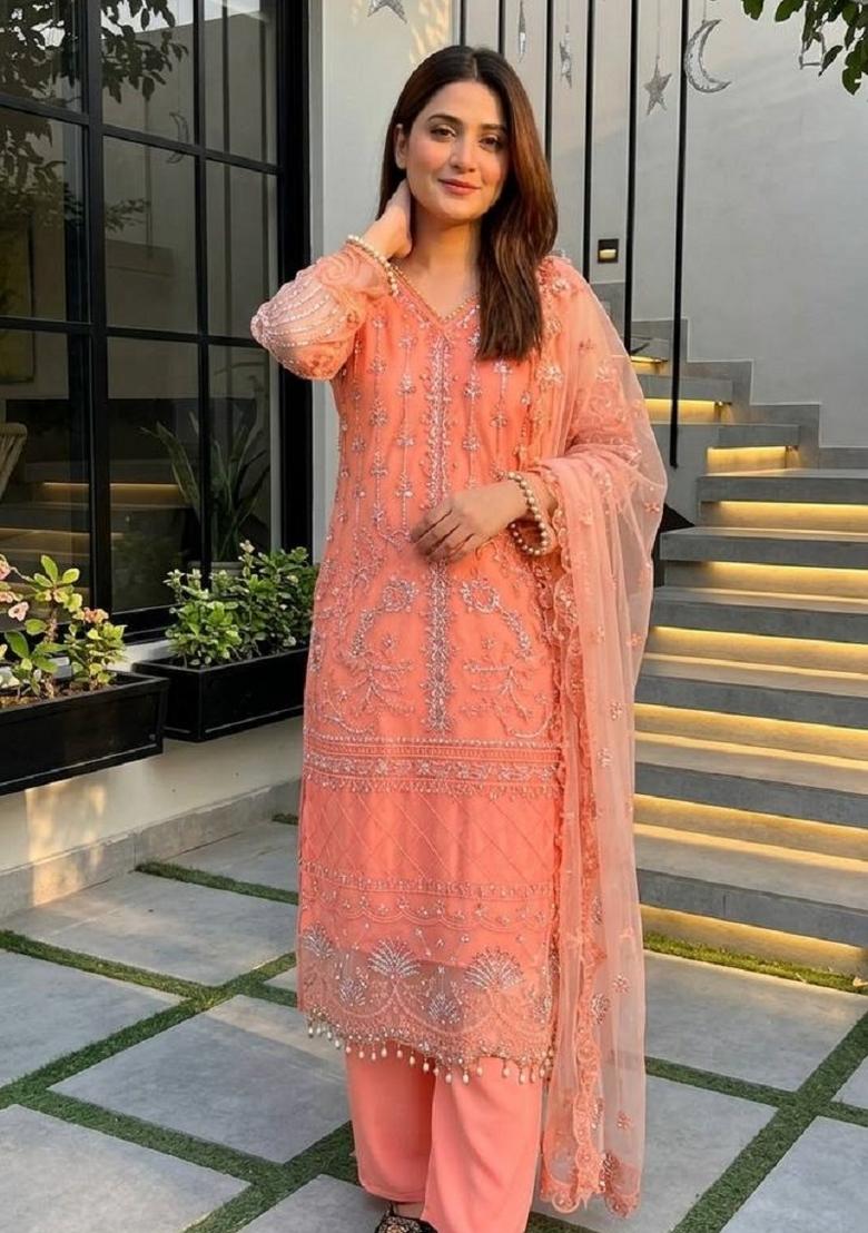 Orange Embroidery Net Sharara Set - Indya