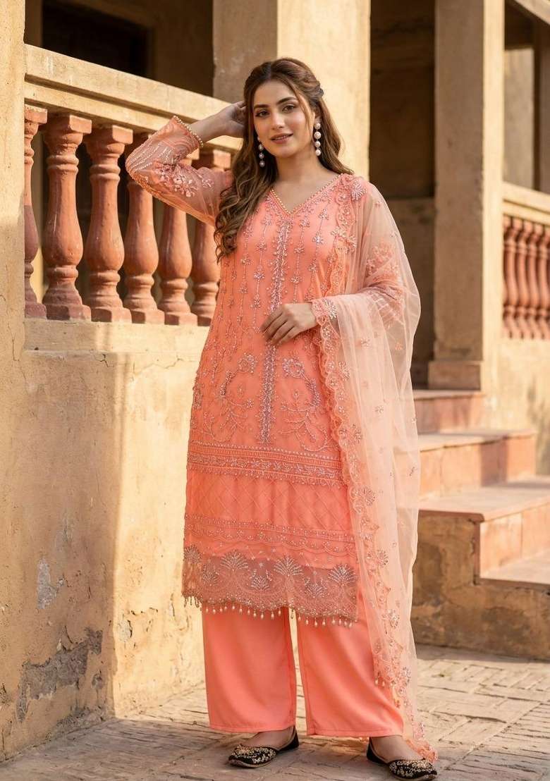 Orange Embroidery Net Sharara Set - Indya