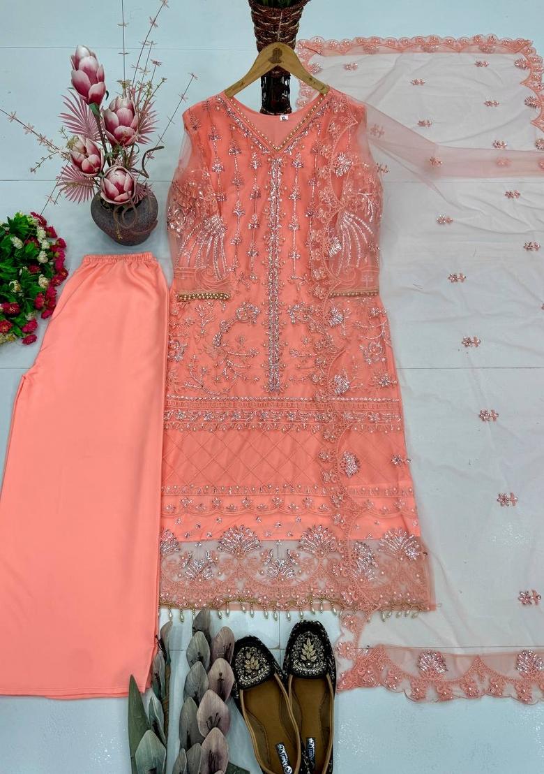 Orange Embroidery Net Sharara Set - Indya