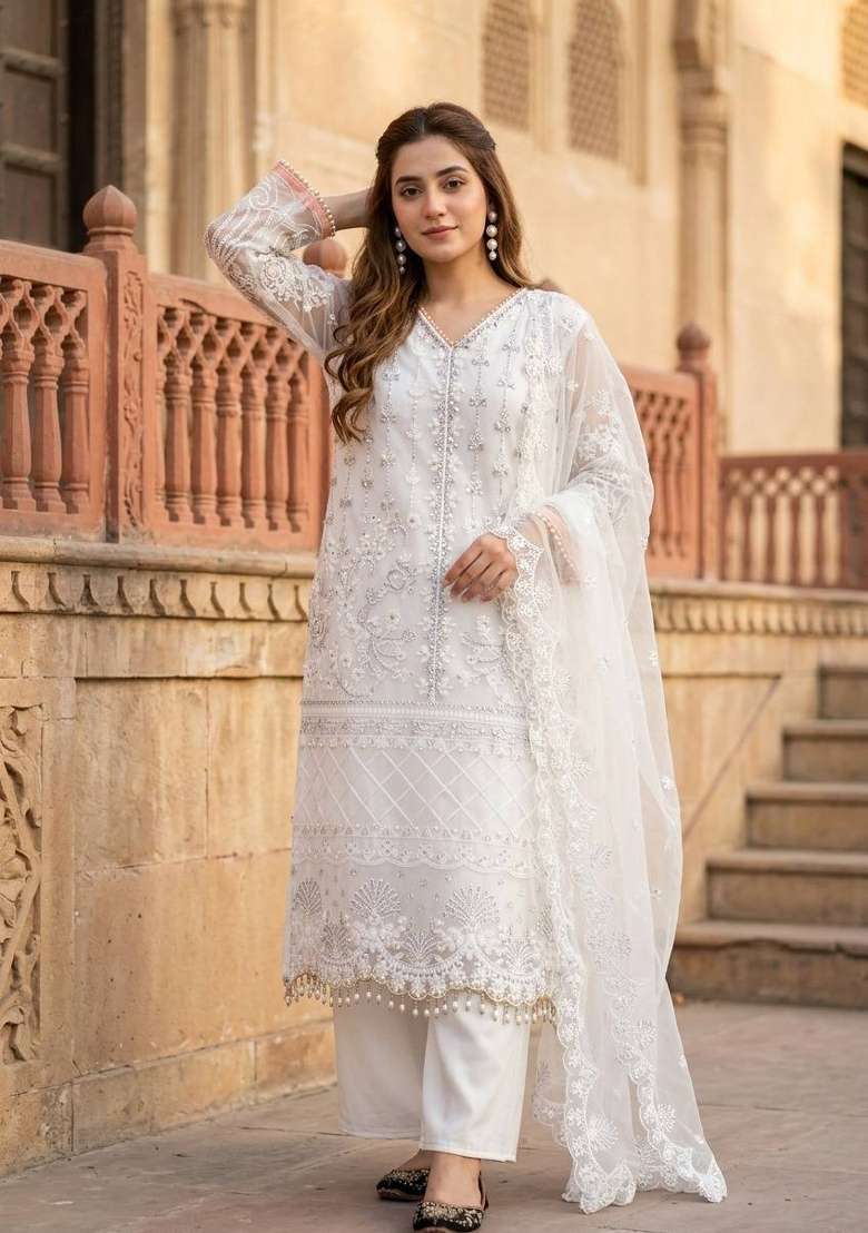 White Embroidery Net Sharara Set - Indya