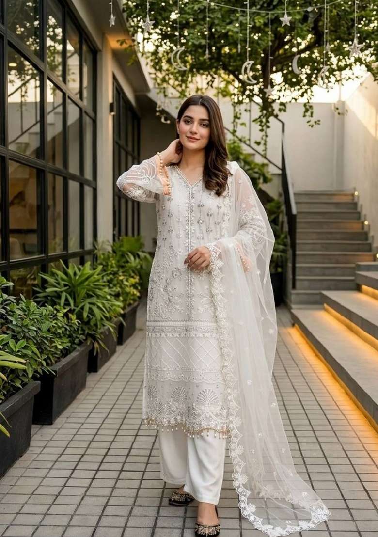 White Embroidery Net Sharara Set - Indya
