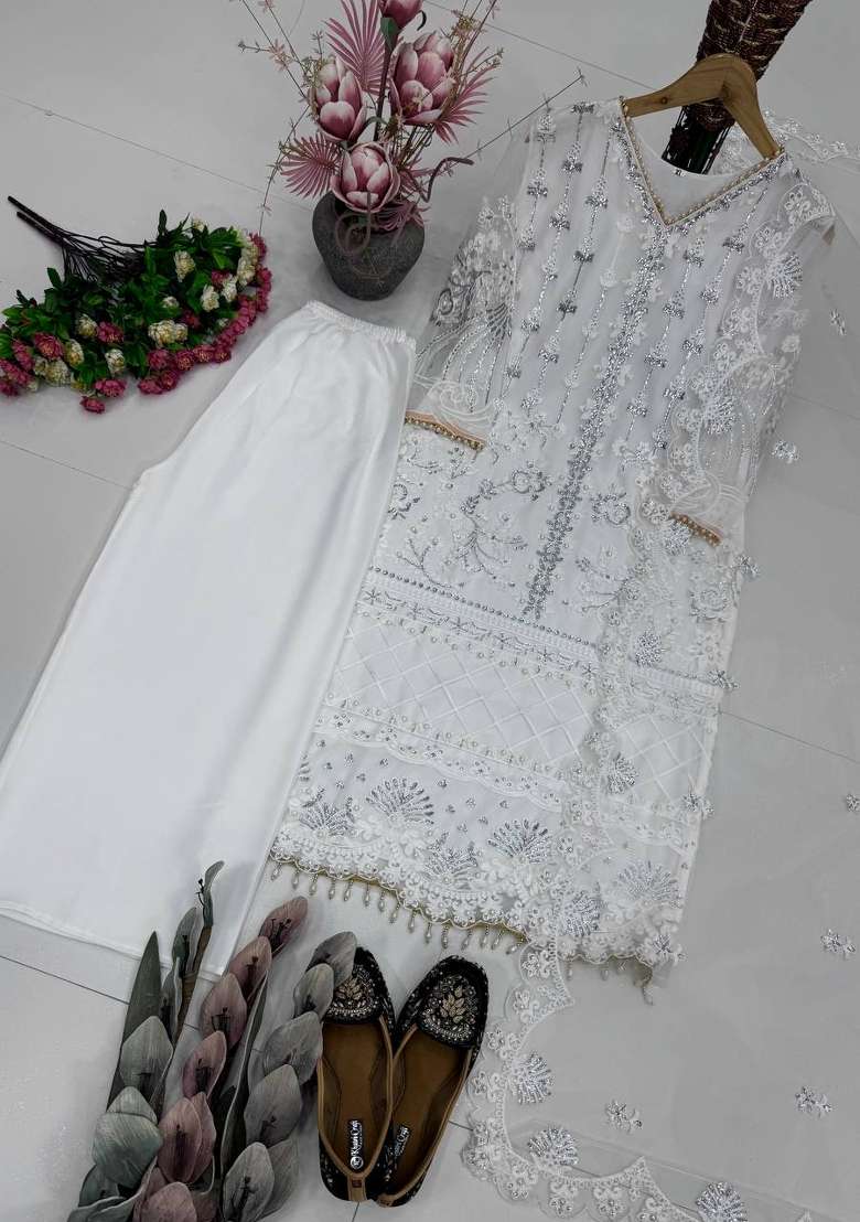 White Embroidery Net Sharara Set - Indya