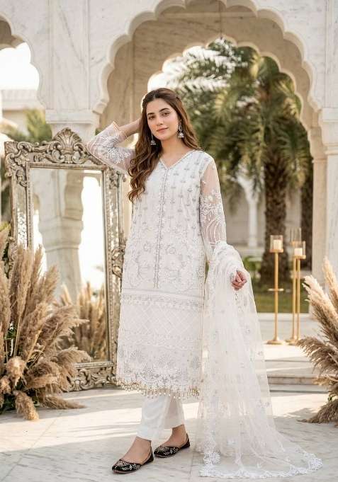 White Embroidery Net Sharara Set