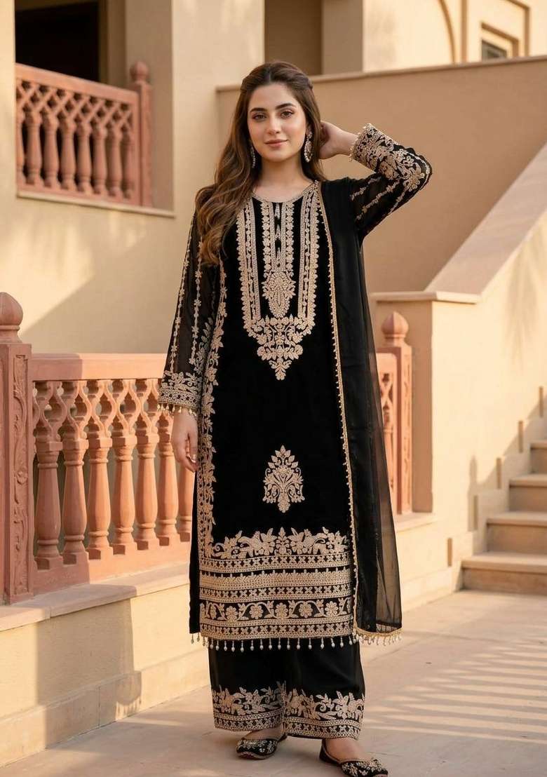 Black Embroidery Georgette Salwar Suit - Indya