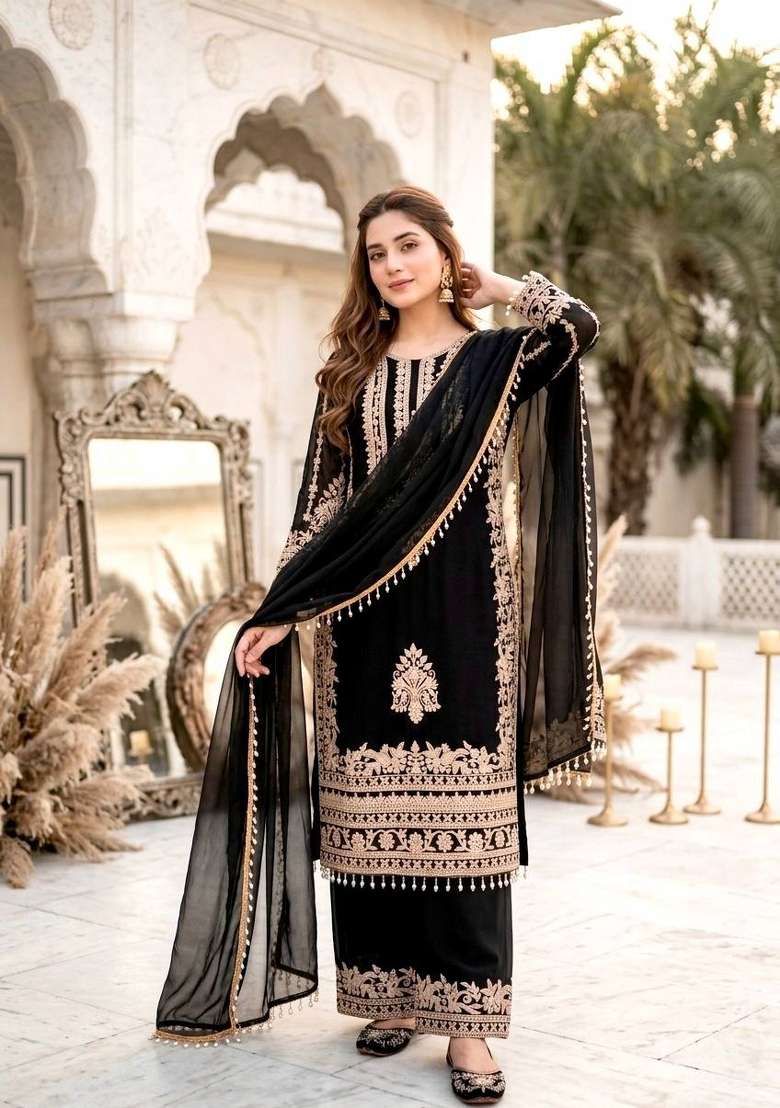 Black Embroidery Georgette Salwar Suit - Indya