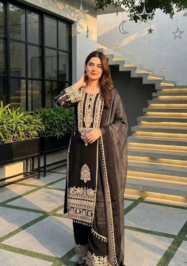 Black Embroidery Georgette Salwar Suit - Indya