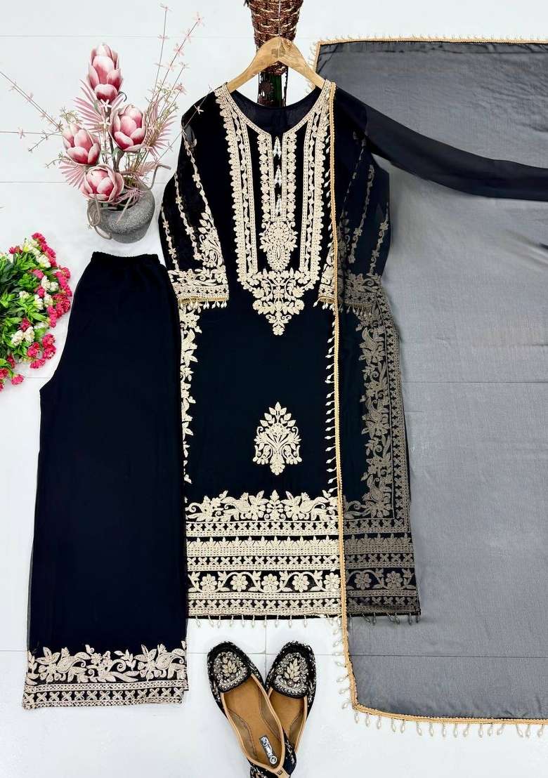 Black Embroidery Georgette Salwar Suit - Indya