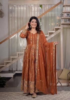 Brown Embroidery Georgette Anarkali Set