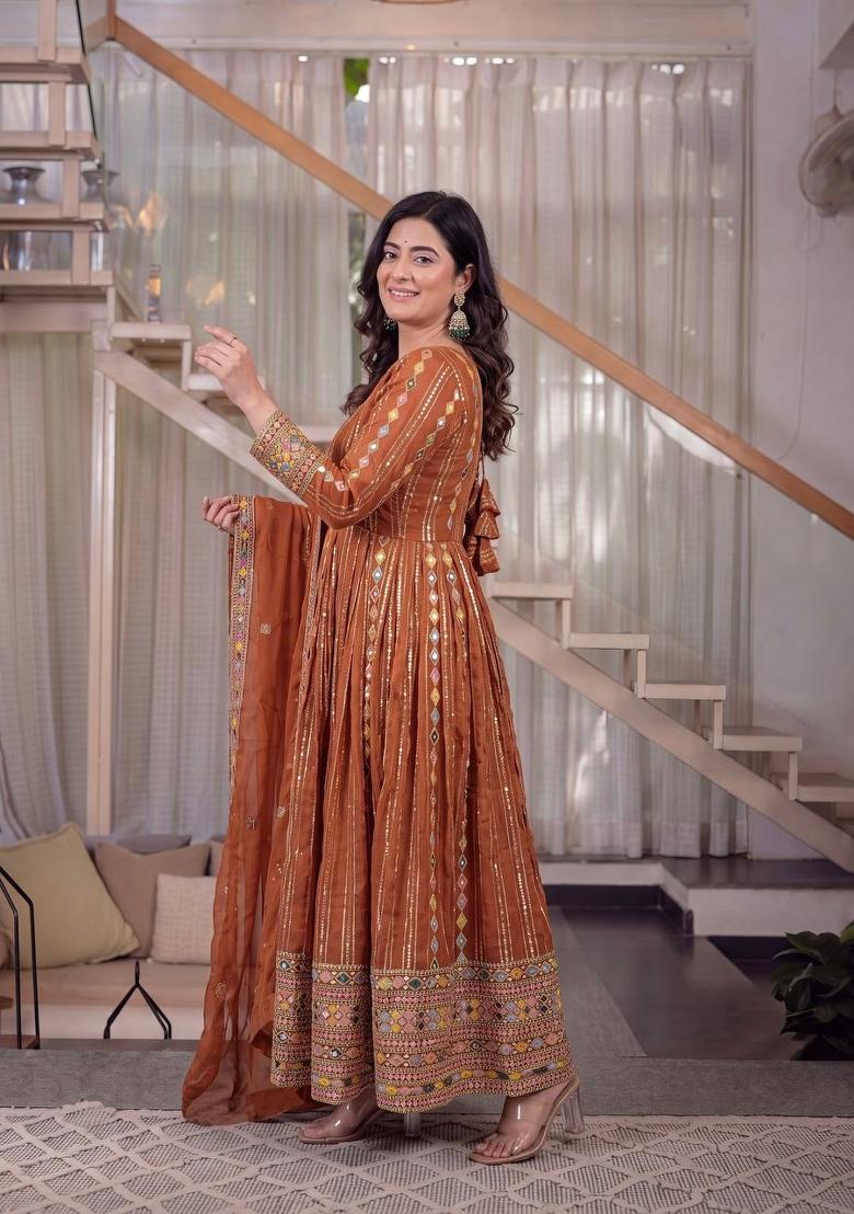 Brown Embroidery Georgette Anarkali Set - Indya