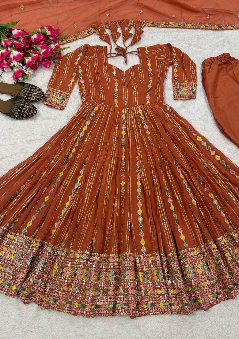 Brown Embroidery Georgette Anarkali Set - Indya