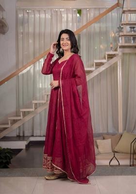 Red Embroidery Silk Anarkali Set