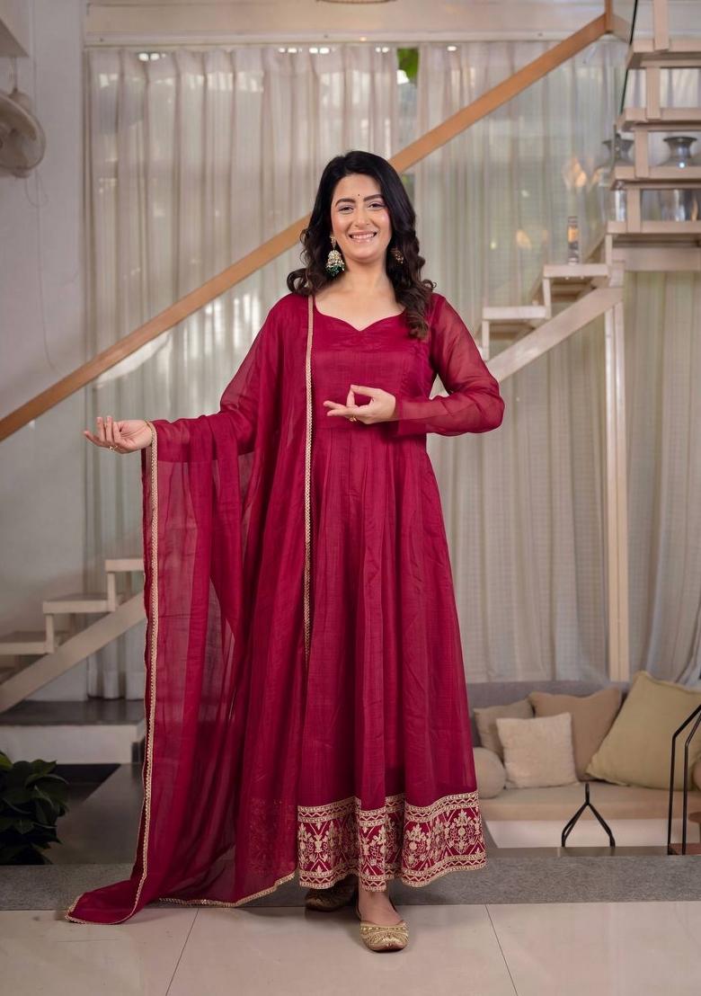 Red Embroidery Silk Anarkali Set - Indya