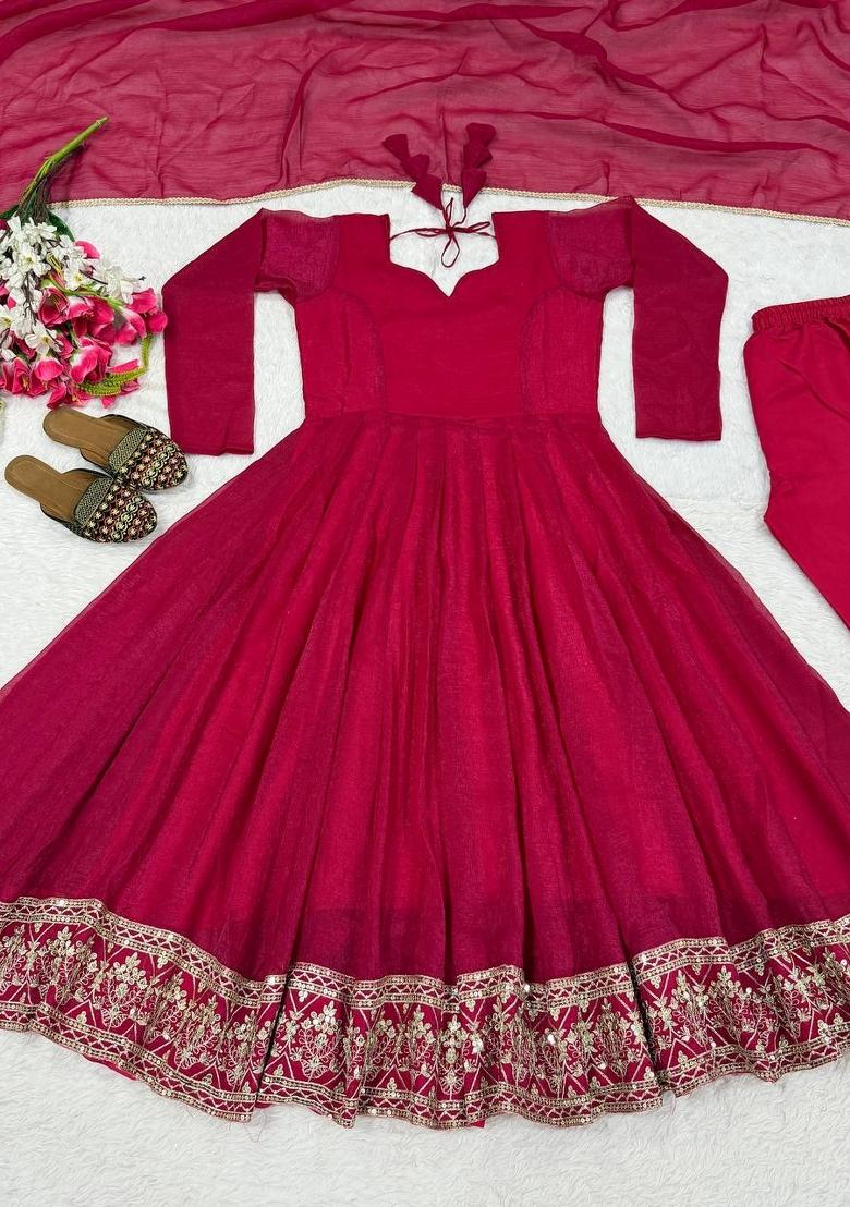 Red Embroidery Silk Anarkali Set - Indya
