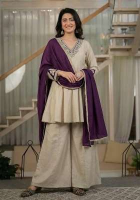 Cream Embroidery Silk Sharara Set