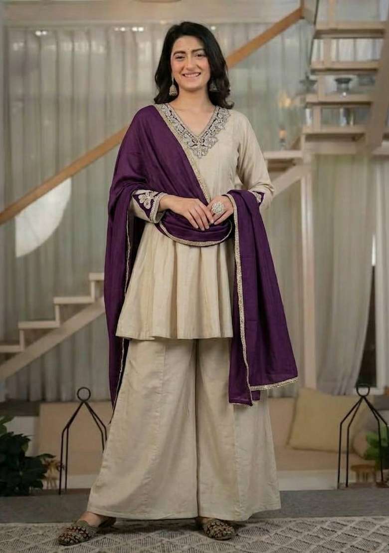Cream Embroidery Silk Sharara Set - Indya