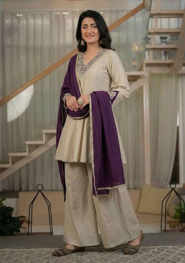 Cream Embroidery Silk Sharara Set - Indya