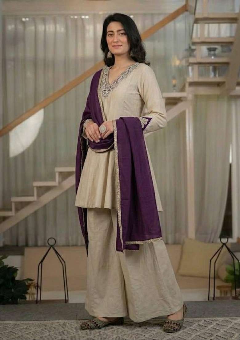 Cream Embroidery Silk Sharara Set - Indya