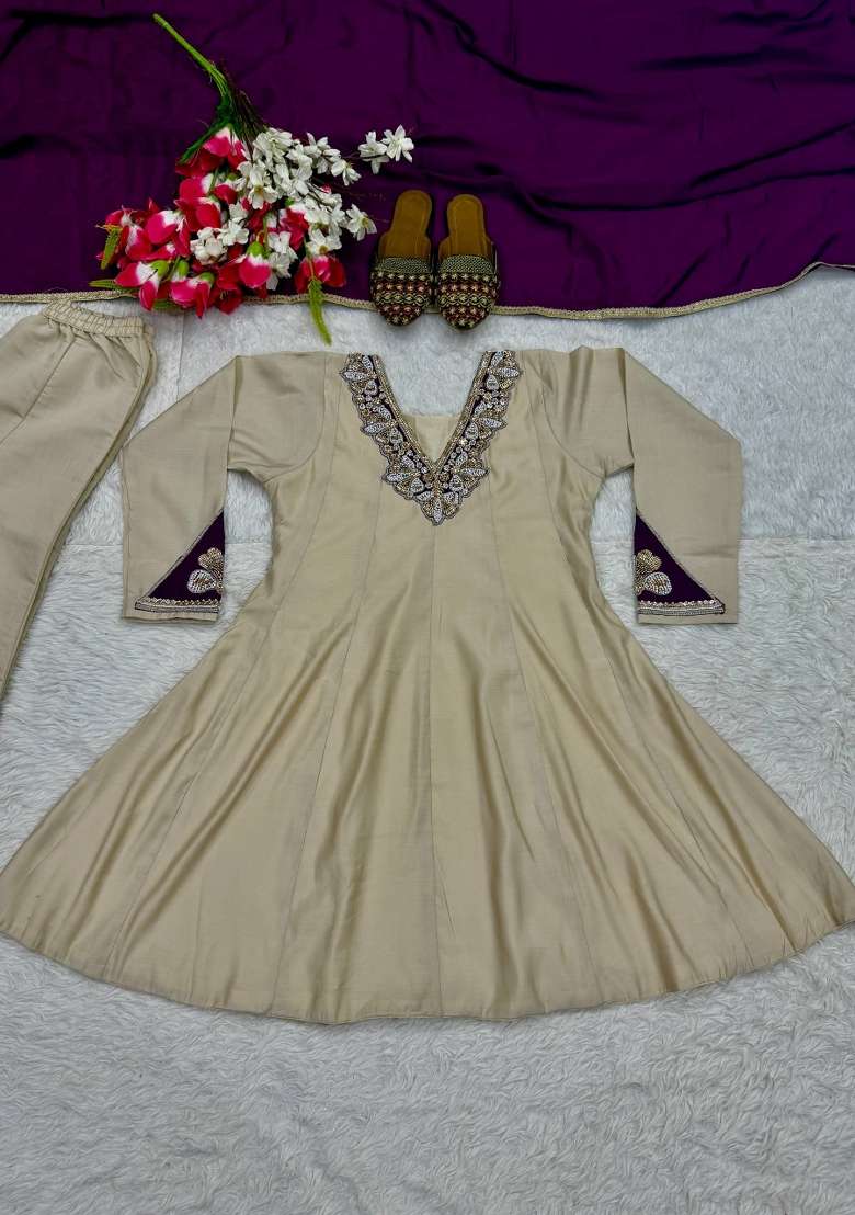 Cream Embroidery Silk Sharara Set - Indya