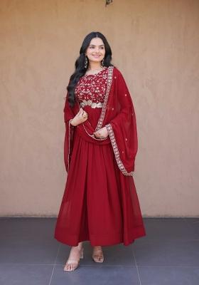Maroon Embroidery Faux Blooming Gown With Dupatta