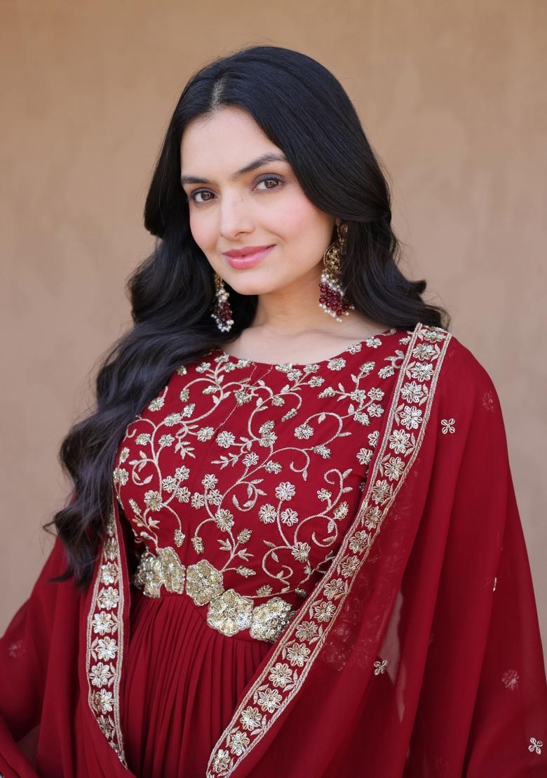 Maroon Embroidery Faux Blooming Gown With Dupatta - Indya