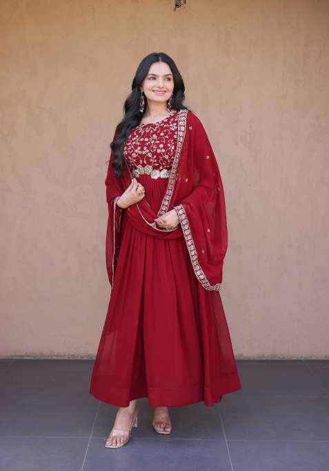 Maroon Embroidery Faux Blooming Gown With Dupatta