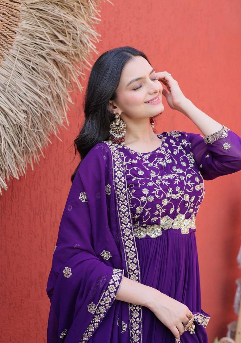 Purple Embroidery Faux Blooming Gown With Dupatta - Indya