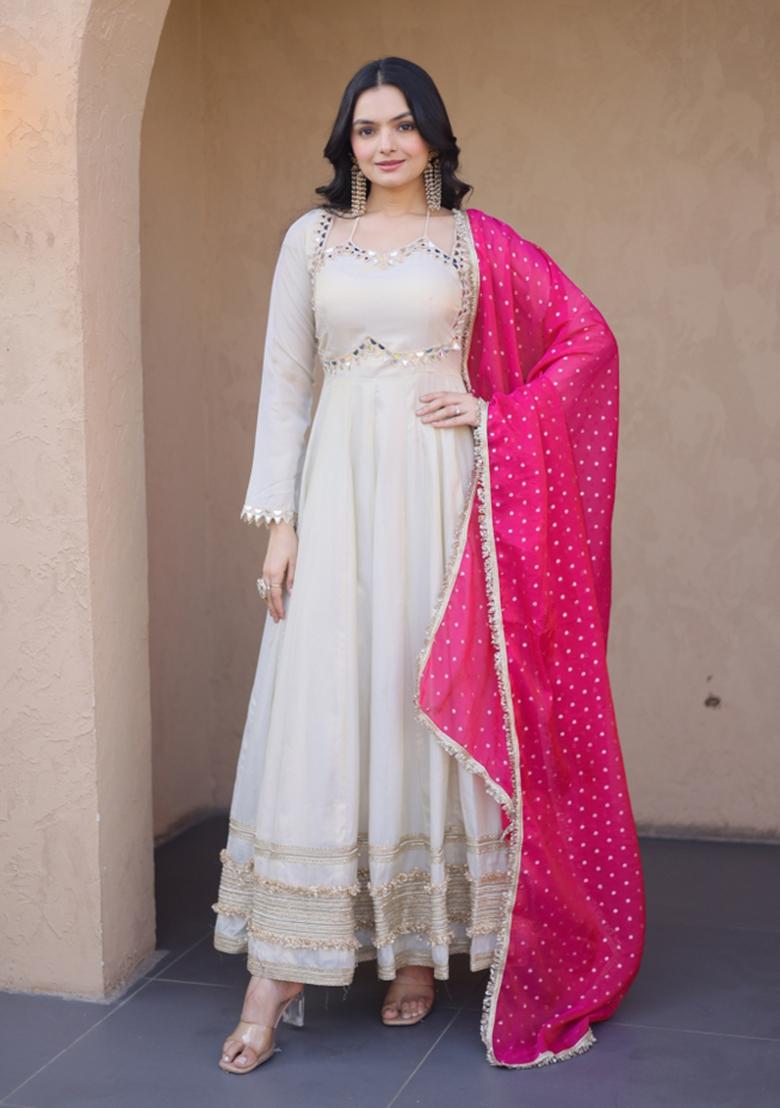 Pink Embroidery Cosmos Gown With Dupatta - Indya