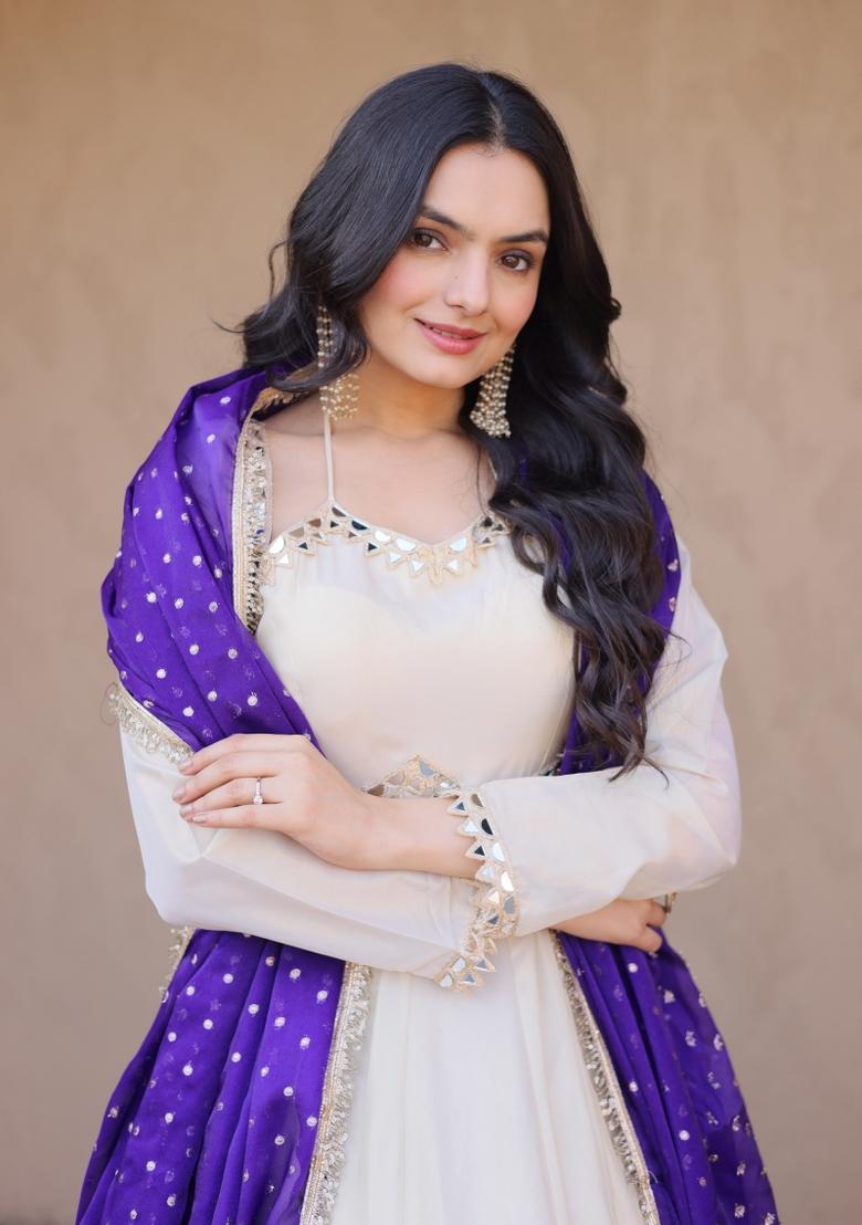 Purple Embroidery Cosmos Gown With Dupatta - Indya