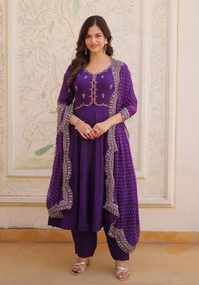 Purple Embroidery Chanderi Kurta Set