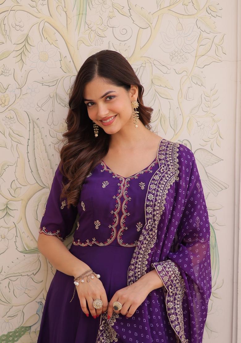 Purple Embroidery Chanderi Kurta Set - Indya