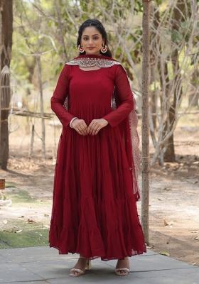 Maroon Solid Georgette Gown With Dupatta