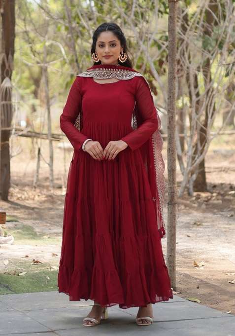 Maroon Solid Georgette Gown With Dupatta