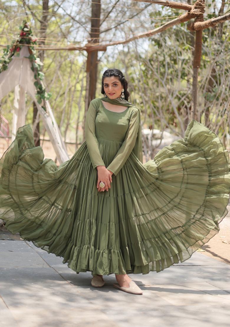 Mehendi Solid Georgette Gown With Dupatta - Indya