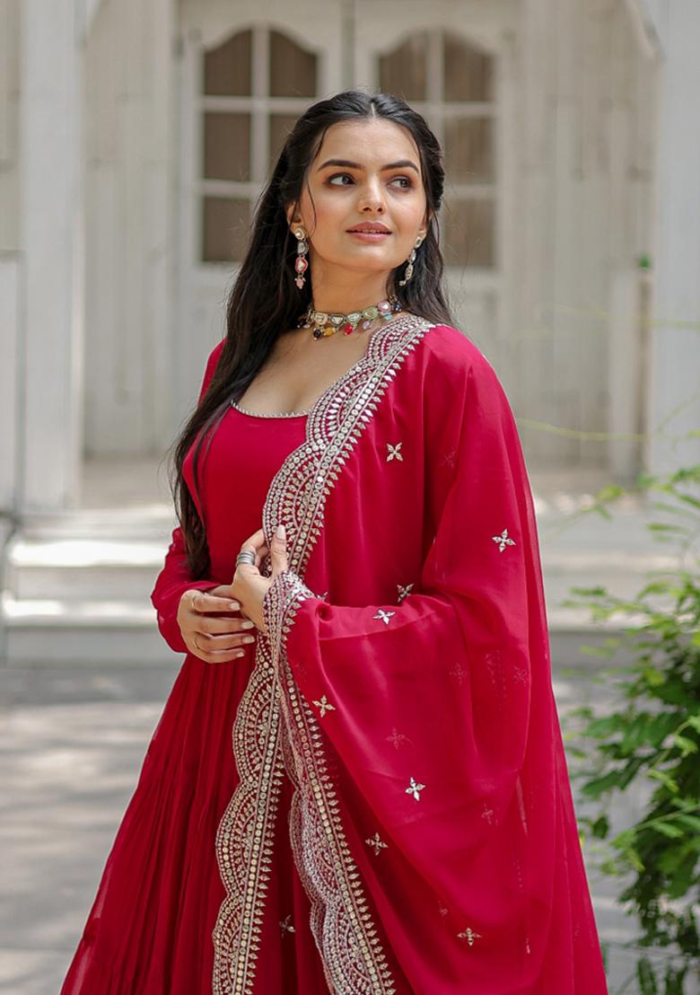 Pink Solid Georgette Gown With Dupatta - Indya