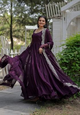 Wine Solid Georgette Gown With Dupatta