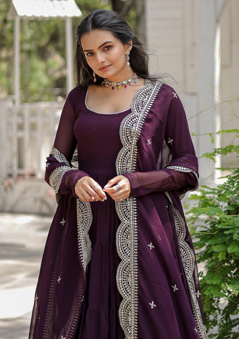 Wine Solid Georgette Gown With Dupatta - Indya