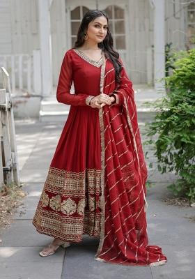 Maroon Embroidery Faux Blooming Gown With Dupatta