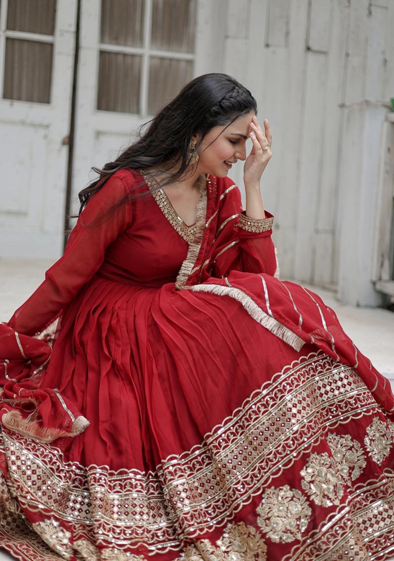 Maroon Embroidery Faux Blooming Gown With Dupatta - Indya