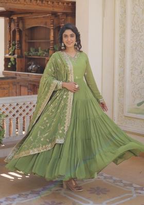 Green Embroidery Georgette Gown With Dupatta