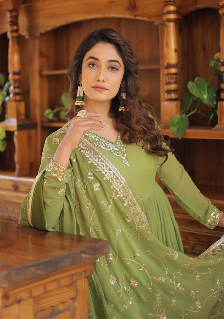 Green Embroidery Georgette Gown With Dupatta - Indya