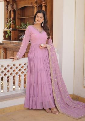 Lavender Embroidery Georgette Gown With Dupatta