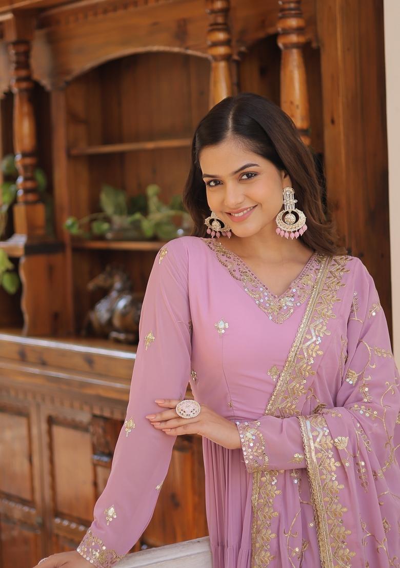 Lavender Embroidery Georgette Gown With Dupatta - Indya