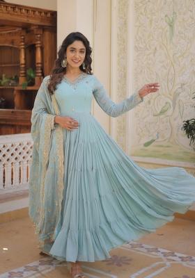 Sky Blue Embroidery Georgette Gown With Dupatta