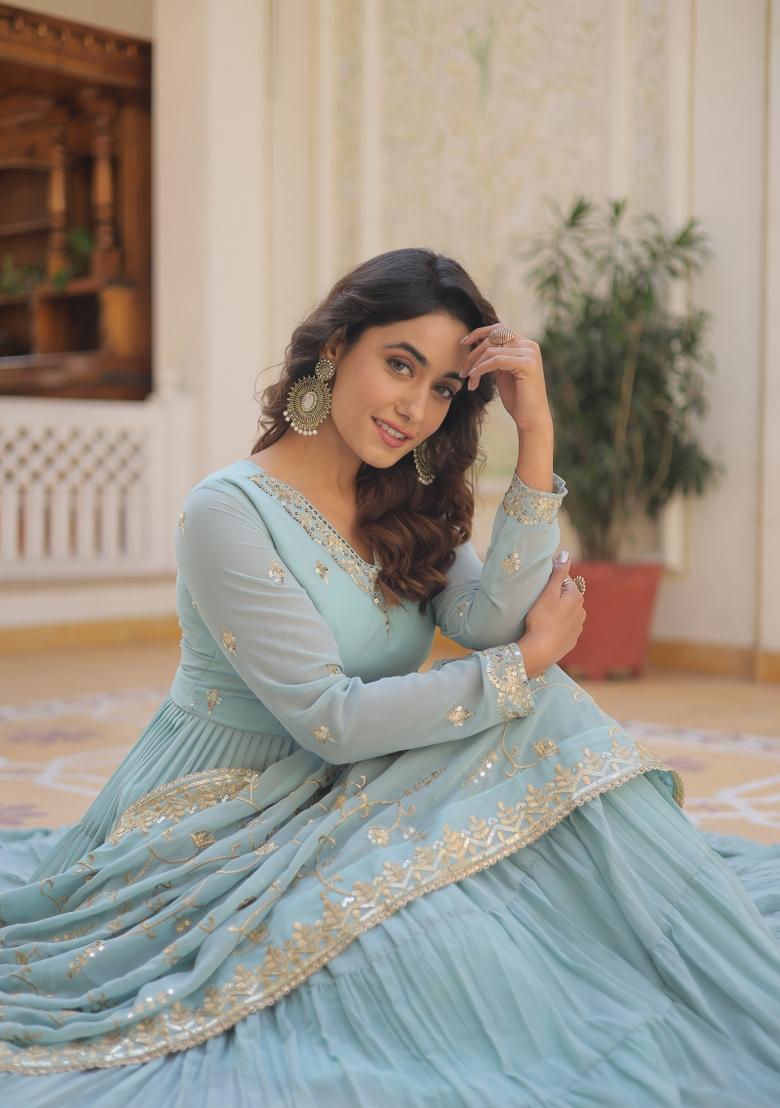 Sky Blue Embroidery Georgette Gown With Dupatta - Indya